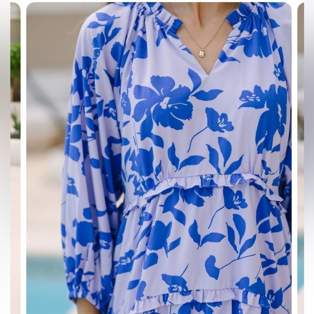 Shop the Mint Periwinkle Floral Tiered Dress EUC Medium Puff Sleeve Lined - Picture 7 of 13